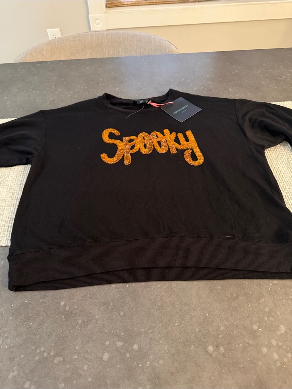 Cynthia Rowley Black Sweater with Orange 'Spooky' In Sequins